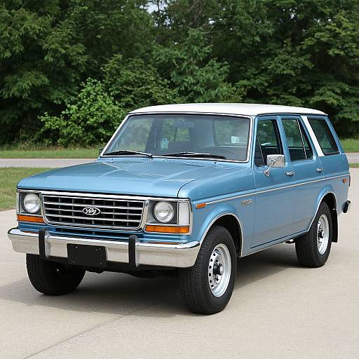 Photograph of a blue 1980s Chevrolet Blazer SUV parked on a concrete driveway, with lush green trees in the background.