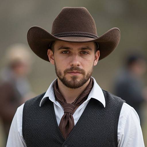 Photograph of a bearded man with brown hat, white shirt, brown vest, and tied brown neckerchief, standing outdoors, blurred background.