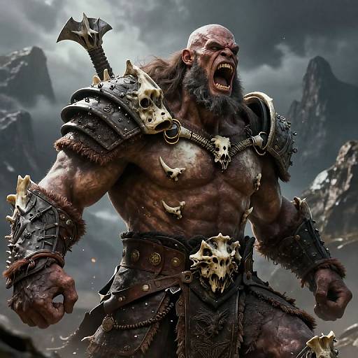 Digital artwork of a roaring, bald, muscular, bearded barbarian with dark skin, wearing skull-adorned armor and fur loincloth,