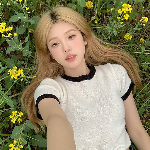 Blonde Woman Selfie in Flower Field