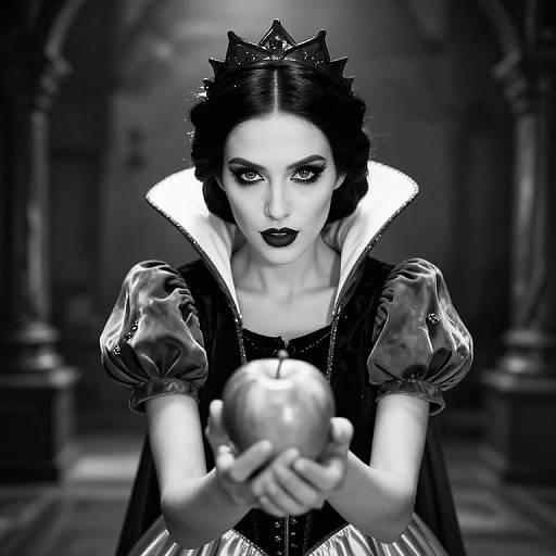 Black-and-white digital drawing of a gothic Snow White with dark lipstick, wearing a crown, puffed sleeves, and holding an apple, in a