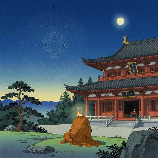 Hokusai-Inspired Meditative Monk Scene