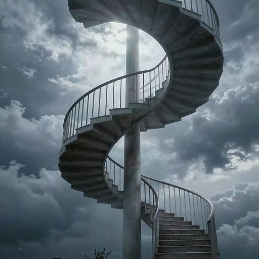 Photograph of a spiral concrete staircase with glass railings against a dramatic, cloudy sky, sunlight peeking through clouds.