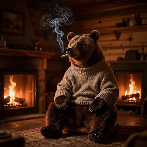Bear Smoking in Cozy Rustic Cabin