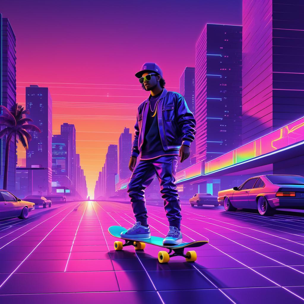 Vibrant 80s Synthwave Skateboarder Design