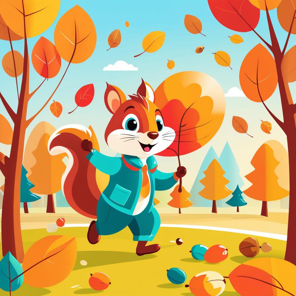 Whimsical Squirrel Collecting Acorns