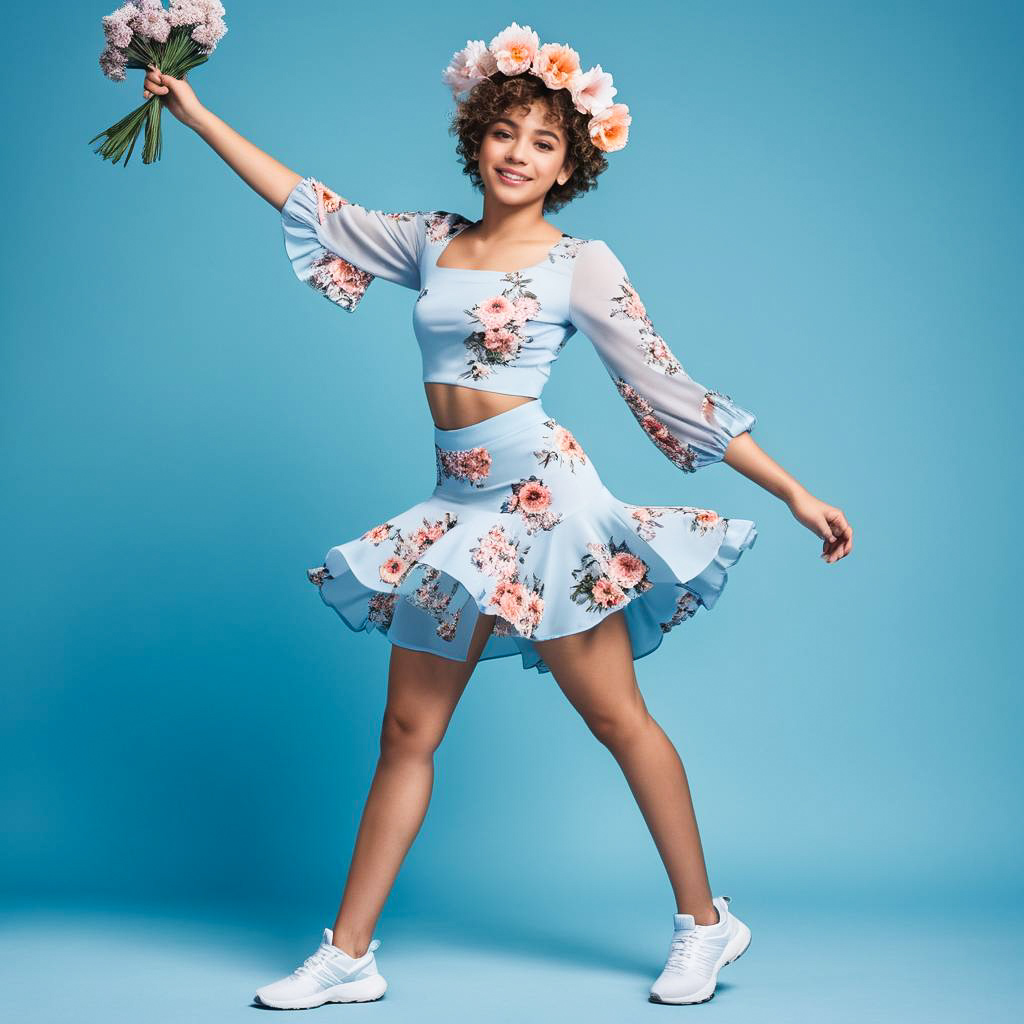 Joyful Teen in Trendy Blossoming Outfit