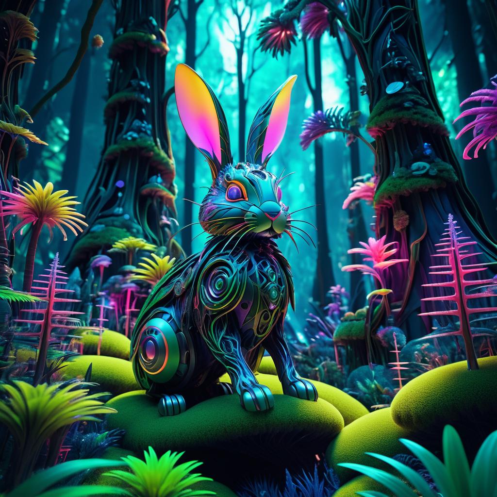 Vibrant Alien Forest with Mechanical Rabbit