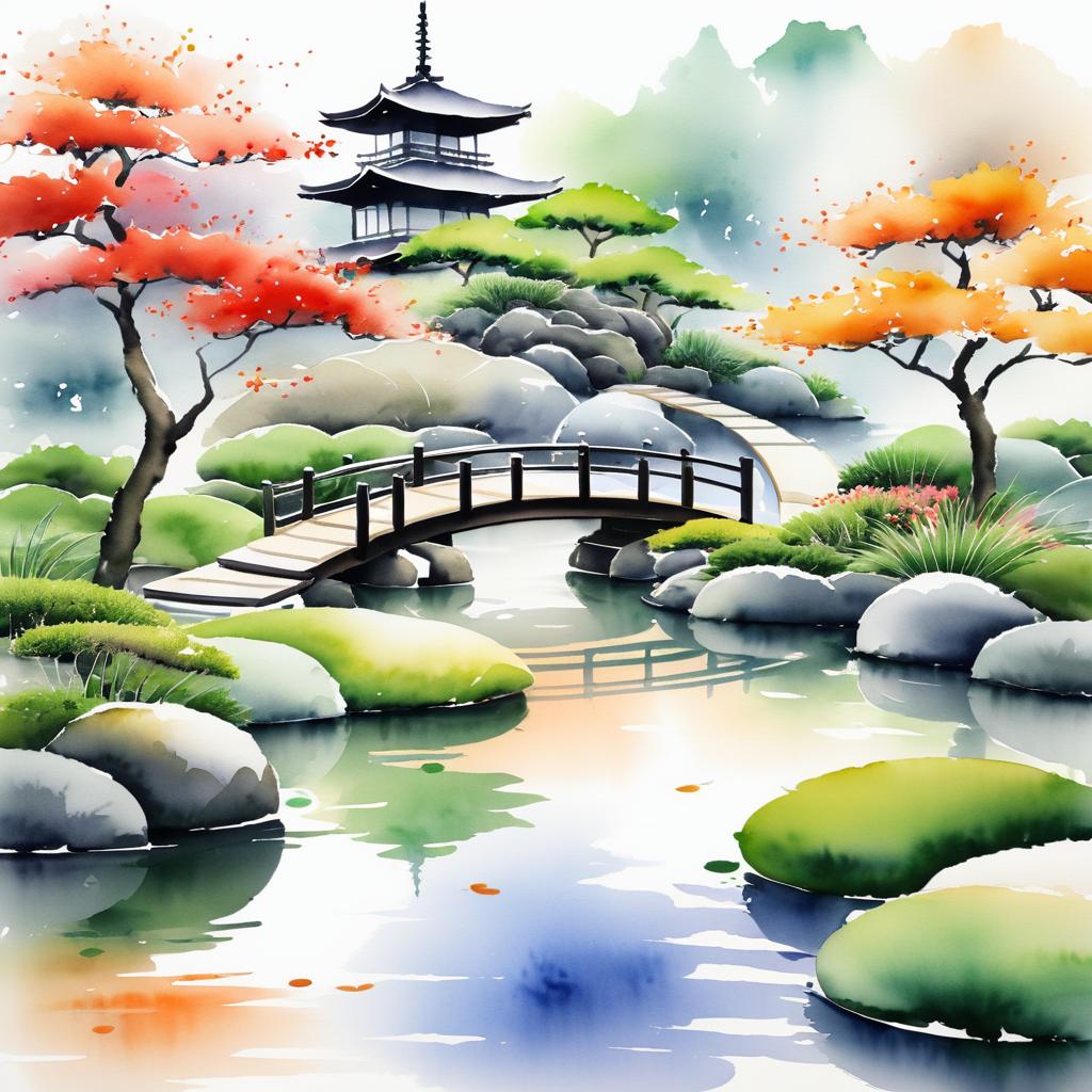 Traditional Japanese Zen Garden Watercolor