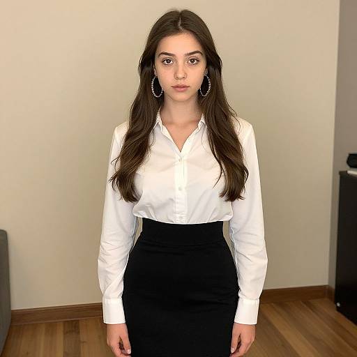 Photograph of a young woman with long dark hair, wearing a white blouse and black skirt, standing in a minimalist room.