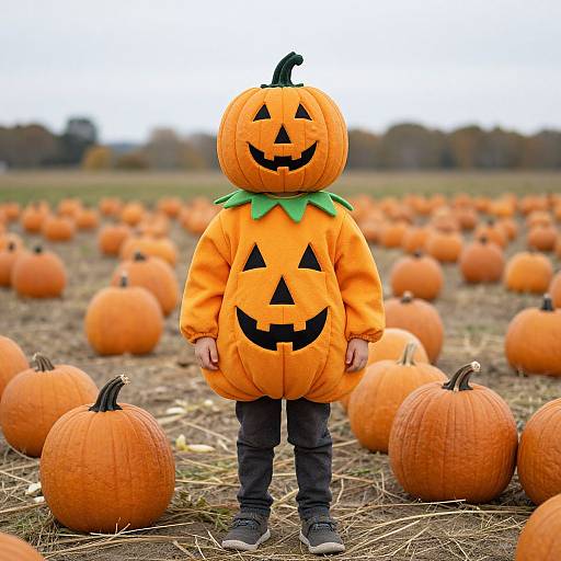 Photograph of a child in a bright orange pumpkin costume with green collar, standing in a pumpkin field, facing forward.
