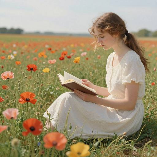 Photograph of a young woman with wavy brown hair in a white dress, sitting in a vibrant field of red and yellow poppies, reading a