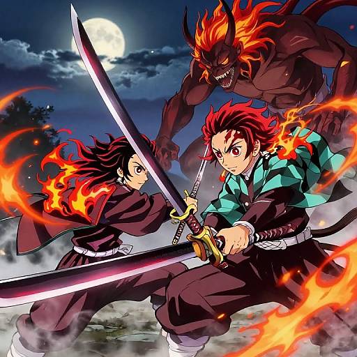Digital anime-style artwork of two red-haired warriors with glowing swords fighting a dark, muscular demon under a full moon. Flames surround them.