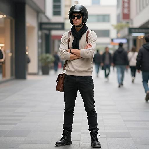Young Man in Biker Helmet Standing in Mall