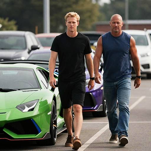 Men Strolling Through a Vibrant Car Lot