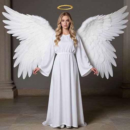 Photograph of a blonde woman with long hair, white angel wings, and a golden halo, wearing a white flowing dress, standing in a dimly