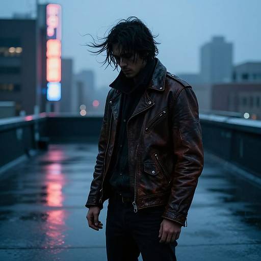 Lone Figure in Rainy Cityscape