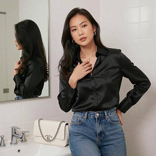Stylish Asian Woman in Bathroom