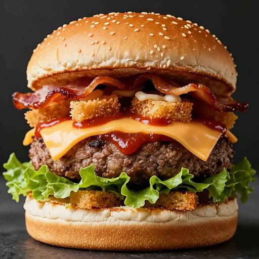 Photograph of a juicy, layered cheeseburger with crispy bacon, melted cheddar, lettuce, and sesame seed bun, set against a dark background.