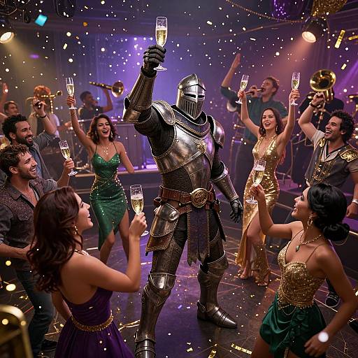 Photograph of a knight in shining armor raising a champagne flute, surrounded by cheering, dancing women in glamorous dresses and a brass band. Confetti fills