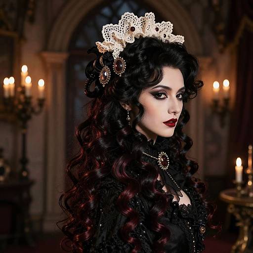 Photograph of a pale-skinned woman with dark, curly hair, wearing a sparkling tiara, red lipstick, black lace dress, and ornate