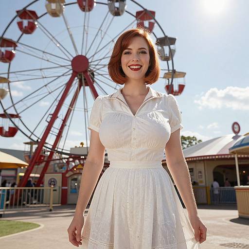 Photograph of a smiling red-haired woman in a white, short-sleeved, button-up dress standing in front of a bright red and white Ferr
