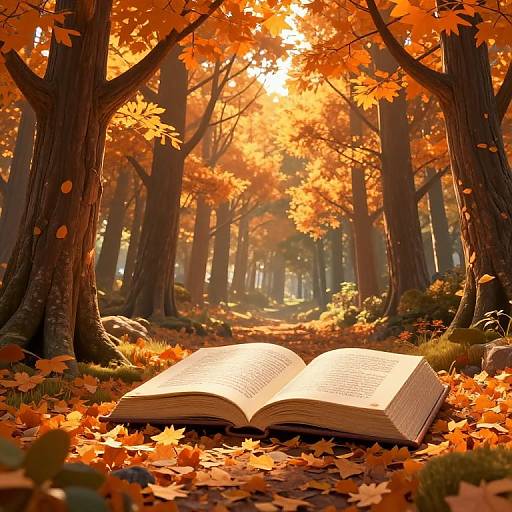 Photograph of an open book lying on a forest floor covered in vibrant orange autumn leaves, surrounded by tall trees with glowing sunlight filtering through.