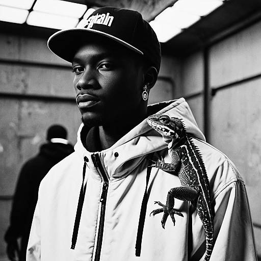 Black Male Model with Lizard on Shoulder in Urban Setting