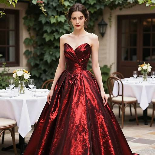 Photograph of a fair-skinned woman with dark hair in a red, strapless, satin gown standing in an outdoor café with white tablecloths