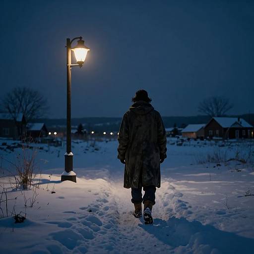 Photograph of a person in a long, dark winter coat, walking away in a snow-covered night landscape, illuminated by a lone streetlamp.