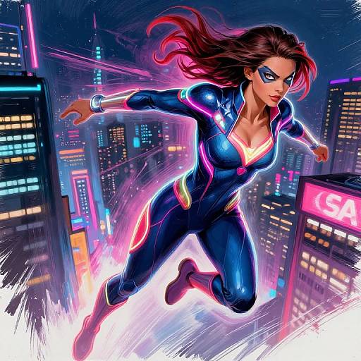 Neon-Powered Female Superhero Soaring