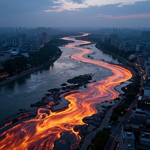 Photograph of a cityscape at dusk, showcasing a glowing, orange river of lava winding through urban buildings, contrasting with the dark, silhouet