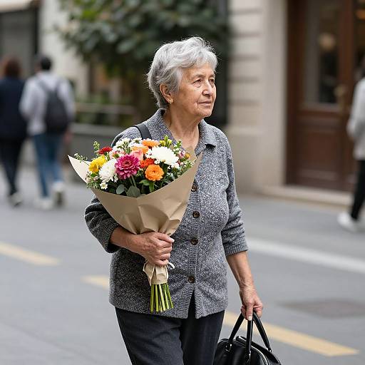 Elderly Woman Walking with Flowers