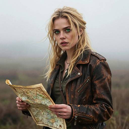Photograph of a blonde woman with green eyes, wearing a brown leather jacket, holding a detailed, yellowed map in a misty, forested