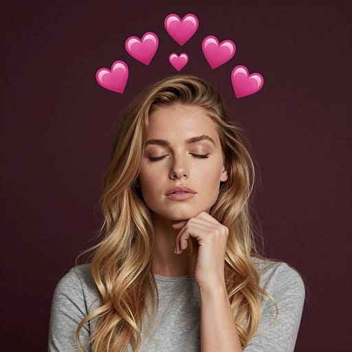 Contemplative Woman with Floating Pink Hearts