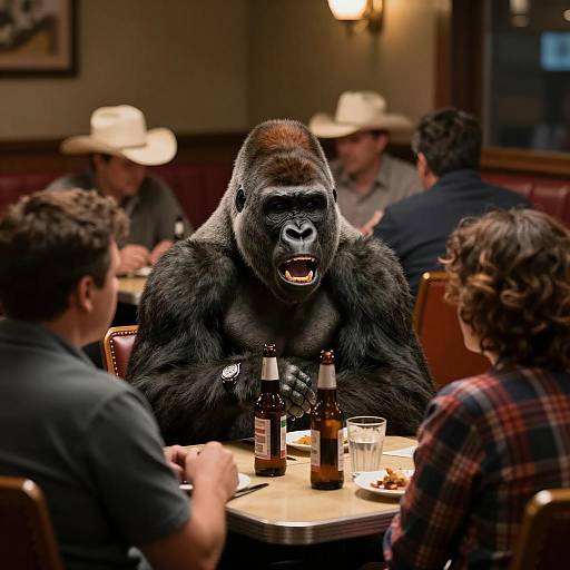 Gorilla Dining in a Cozy Restaurant