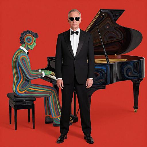 Photograph of a man in a black tuxedo and sunglasses standing beside a colorful, striped pianist playing a grand piano against a bright red background