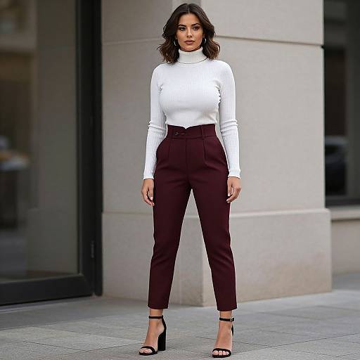 Photograph of a woman with dark wavy hair, wearing a white turtleneck, high-waisted burgundy pants, and black heels,