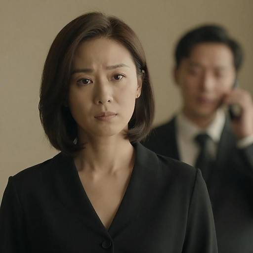 Serious woman in black with man on phone in background