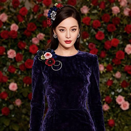 Digital artwork of a fair-skinned woman with dark hair, wearing a velvet navy dress, adorned with floral hairpiece, set against a lush background of