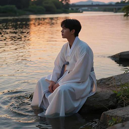 Photograph of an Asian man in a white traditional kimono sitting in a river at sunset, with calm water reflecting orange sky.