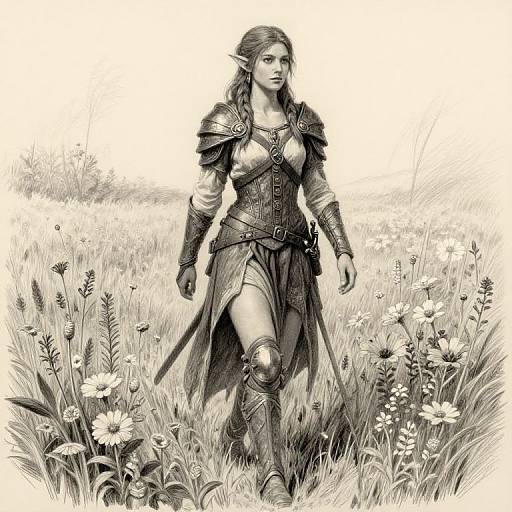 Elven Huntress in Flower Field