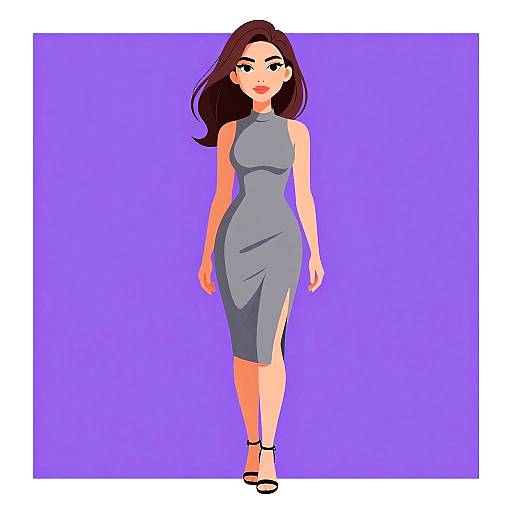 Digital illustration of a confident woman with long brown hair, wearing a sleeveless gray dress and black heels, walking on a purple background.