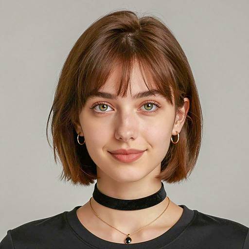 Young Woman with Short Brown Bob and Black Accessories