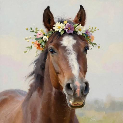Digital painting of a brown horse with a white stripe, wearing a colorful flower crown, looking directly at the viewer.