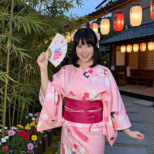 Asian woman in pink floral kimono with red obi, black hair, holding fan, smiling, lanterns, bamboo, and flowers in background.