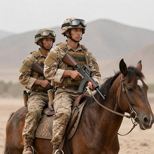 Two Soldiers Riding Horse in Desert