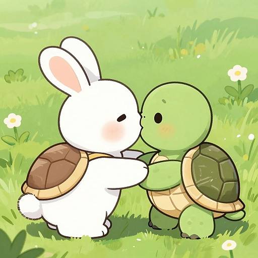 Cute digital drawing of a blushing white bunny and green turtle sharing a kiss on a sunny, grassy field with small white flowers.