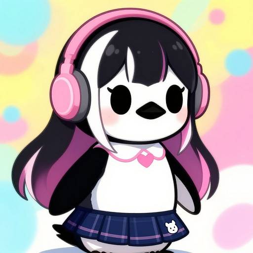 Cute digital drawing of a black-and-white cartoon girl with pink headphones, long black hair with pink tips, wearing a white top, pink bow,