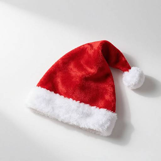Photograph of a red, velvet Santa hat with white fur trim, casting a soft shadow on a white background.